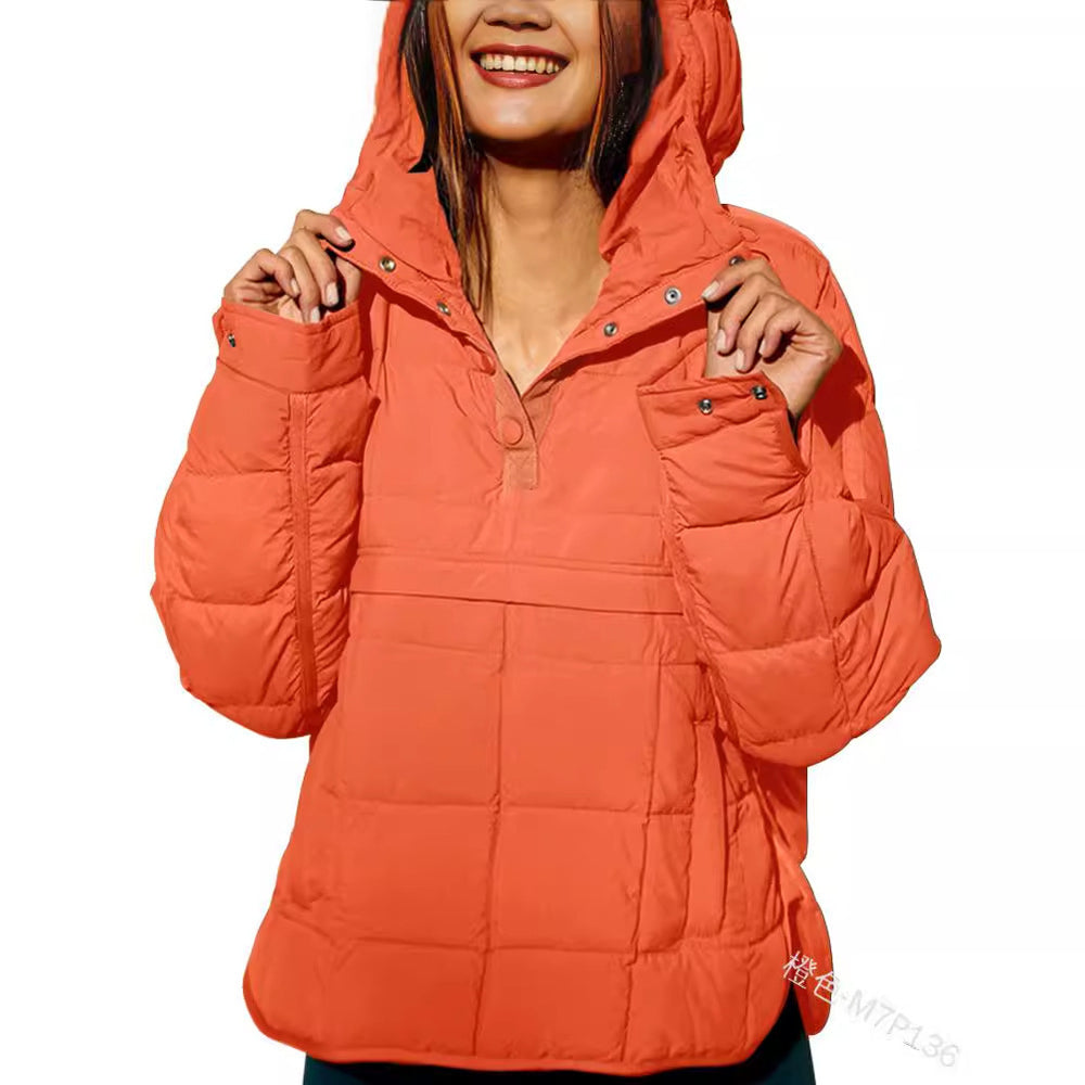 European and american  new casual fashion solid color cotton padded jacket, loose fit long sleeve pullover hoodie with round hem top