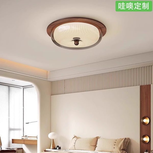 [Wow] French antique ceiling retro walnut color solid wood glass round LED full spectrum eye protection