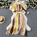European and american style age-defying two-piece outfit: round neck lantern sleeve printed top + high-waisted flared skirt color block set