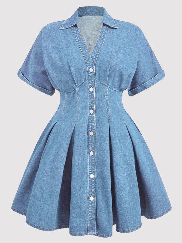 summereleganceelegantretrowork clothingfashiontrendy denim skirt waist v neck short sleeve women's dress