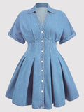 summereleganceelegantretrowork clothingfashiontrendy denim skirt waist v neck short sleeve women's dress
