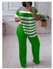 [hot-selling foreign trade model] fashion style large size contrasting stripesd short-sleeved fashion suit with burgundy wide-leg pants
