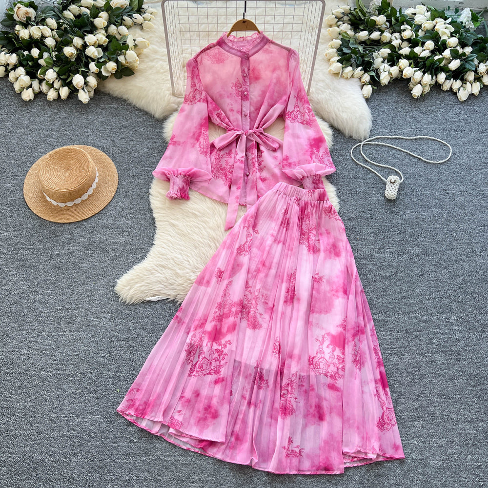 Elegant two-piece set: french-inspired, high-end tie-waist lantern sleeve printed chiffon top + high-waisted midi skirt