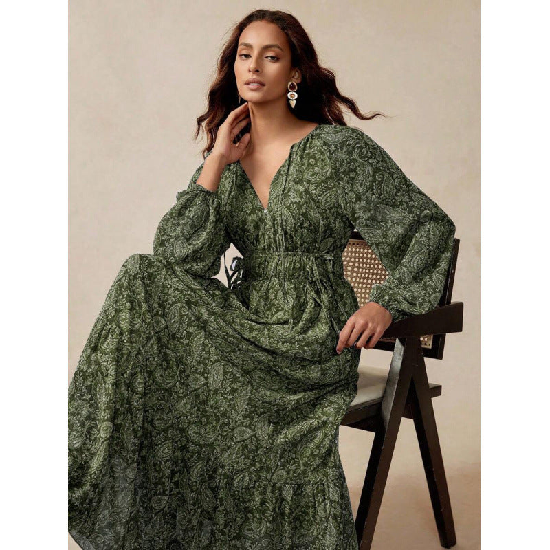 fashion bohemia retro printing loose a-line elegance lantern sleeve tie backdress women