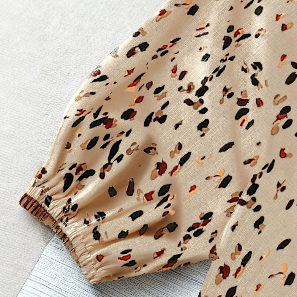 fashionretro spotted shirt, light khaki bottom, colorful leopard print, stand-up collar, ribbon patchwork, lotus leaf looselong sleeves
