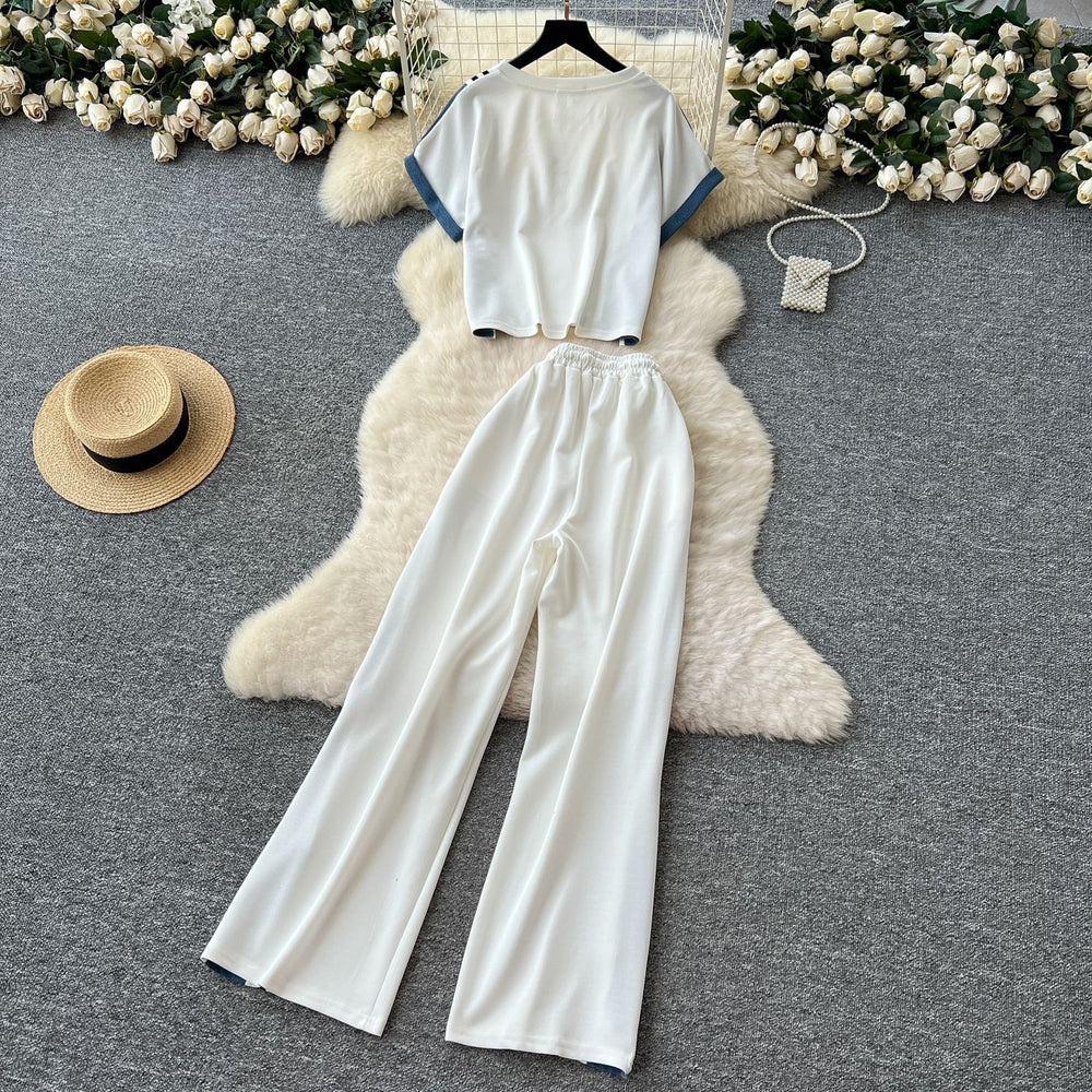 Summer fashion color block striped trim short sleeve top & high waist denim patchwork wide leg straight leg pants casual set for women