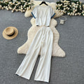 Summer fashion color block striped trim short sleeve top & high waist denim patchwork wide leg straight leg pants casual set for women
