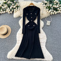 Frenchclassyretro lapel long sleeves metal buckle silmslimming lookelegant vertical pattern knittingdress