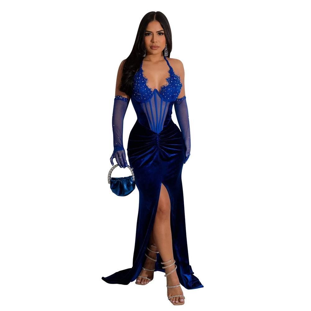 C6801 cross-border   fashion women's solid color halter neck slit sexy maxi dress