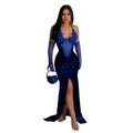 C6801 cross-border   fashion women's solid color halter neck slit sexy maxi dress