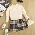 autumn cross-border exclusive: girls' long-sleeve ribbed knit top + irregular plaid mini skirt two-piece set