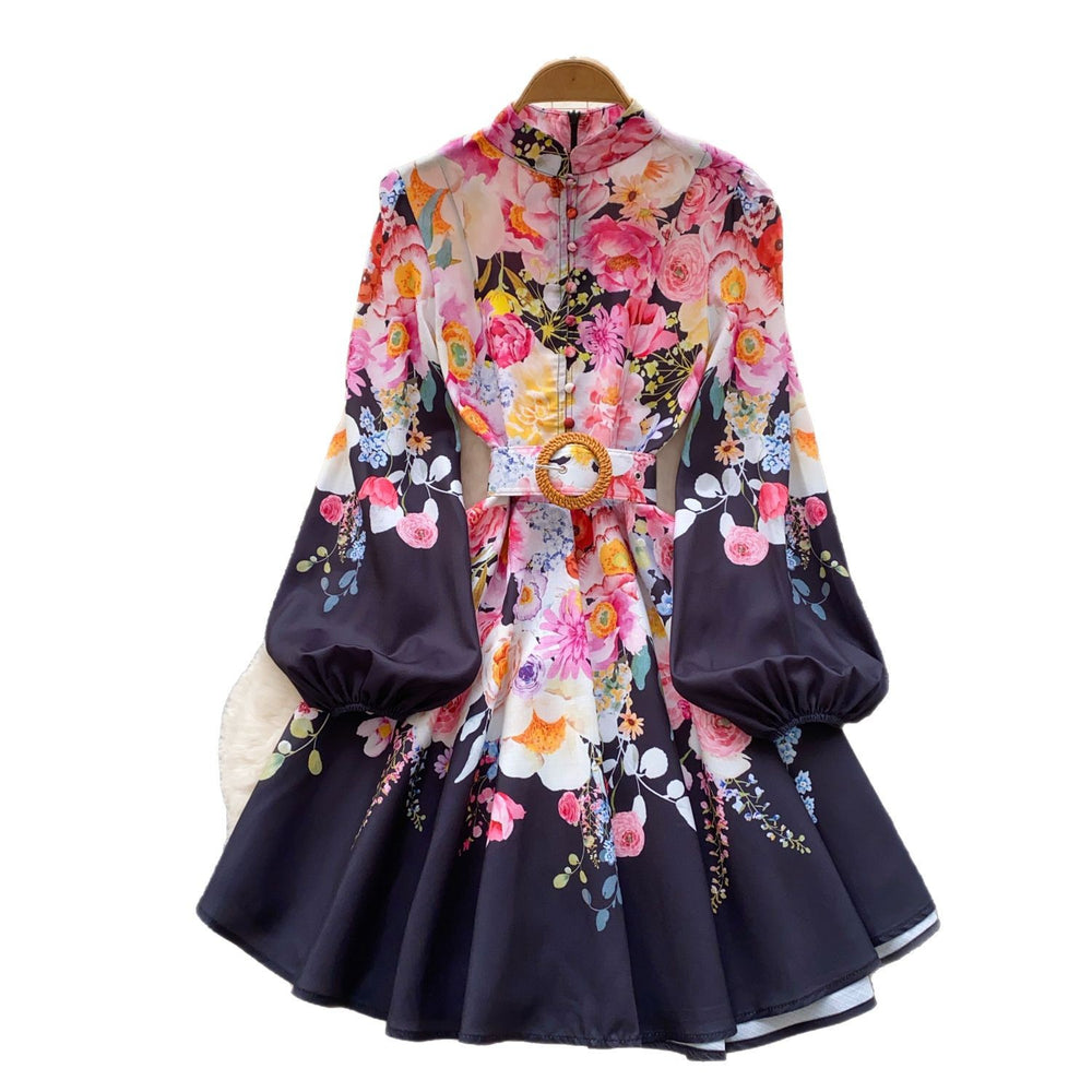 new resort style women's dress - french chic stand collar, single-breasted button, cinched waist, lantern sleeves, printed a-line dress