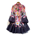 new resort style women's dress - french chic stand collar, single-breasted button, cinched waist, lantern sleeves, printed a-line dress