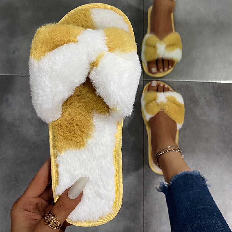 New cow print plush slippers for women - amazon cross-border casual bowknot fuzzy slippers - wholesale indoor slippers