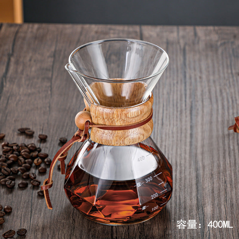 pour-over coffee maker set, diamond-shaped chemex sharing carafe, heat-resistant glassware for home use, with logo imprinting available