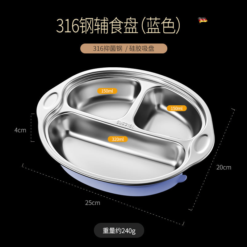 316L stainless steel children's grid dinner plate with non-slip silicone suction cup children's cute baby eating tableware lunch box