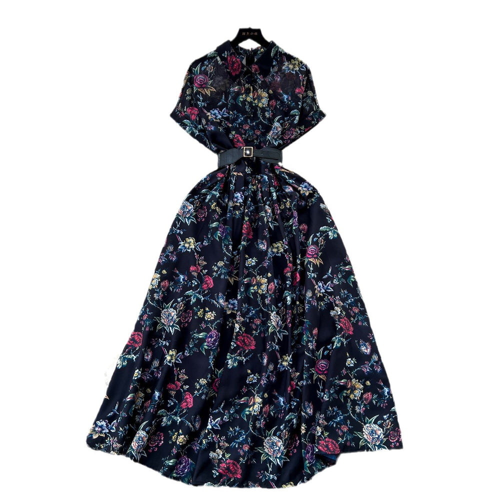 Frenchniche styleclassy light mature style single breasted short sleeve printingshirtdress women's styleretro chiffon skirt
