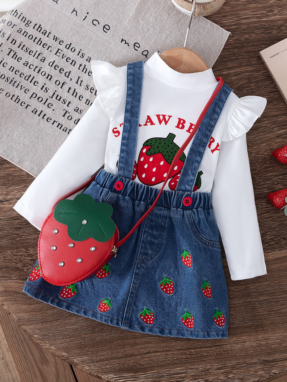 new autumn cross-border baby & toddler flutter sleeve printed top + embroidered denim suspender skirt with bag 3-piece set