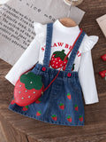 new autumn cross-border baby & toddler flutter sleeve printed top + embroidered denim suspender skirt with bag 3-piece set