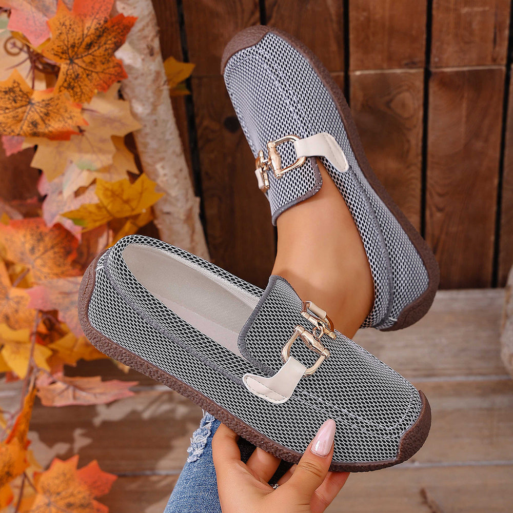 Amazon fashionplus size loafers spring & fallnew arrival round toe metal buckle plaid slip-on flats for women  dropshipping