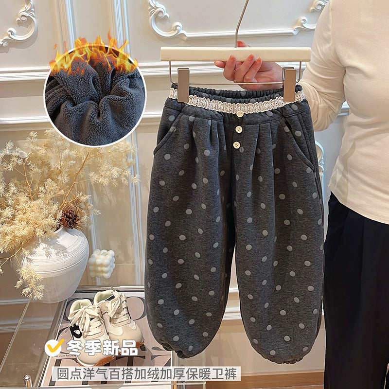 New korean style trendy autumn and winter girls' pants, kids' fleece-lined thickened korean style baby girl outerwear casual children's thick pants