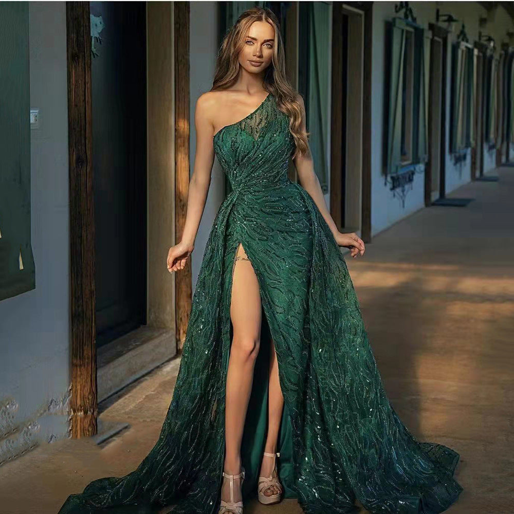 spring/summer new arrivals: european & american style one-shoulder slit maxi dress - evening gown, sequin cami dress, cocktail dress