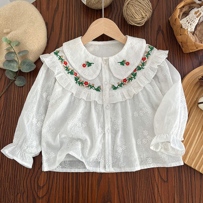 Girls' blouse - new autumn  collection: embroidered floral long-sleeve top, sweet and stylish for kids, perfect as a base layer or standalone