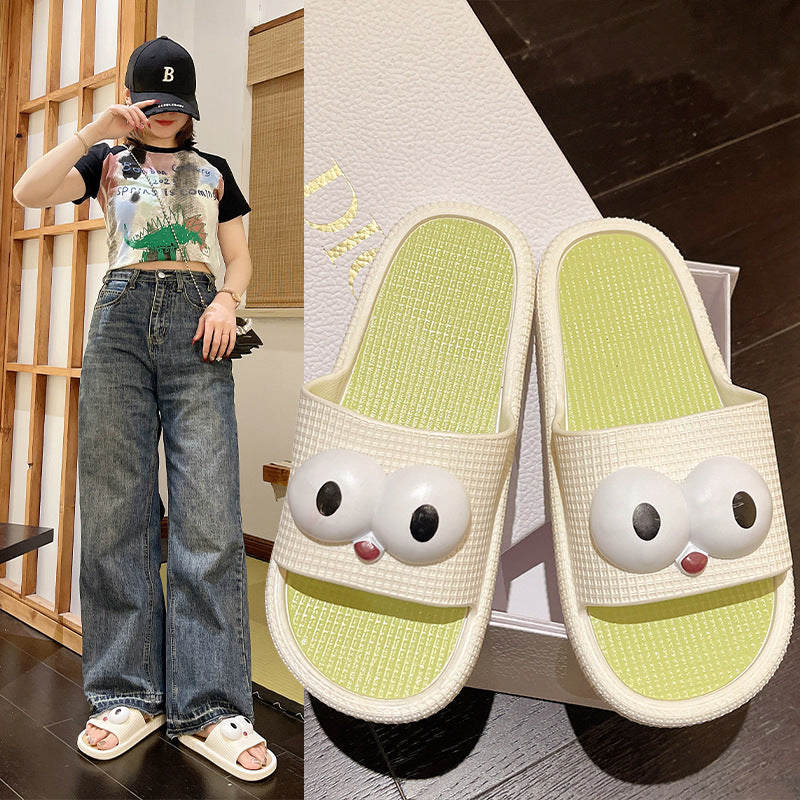 2024new arrival women's slippers with shit feeling, popular ins home cartoon big-eyed bird thick-soled grids one-line slippers for women