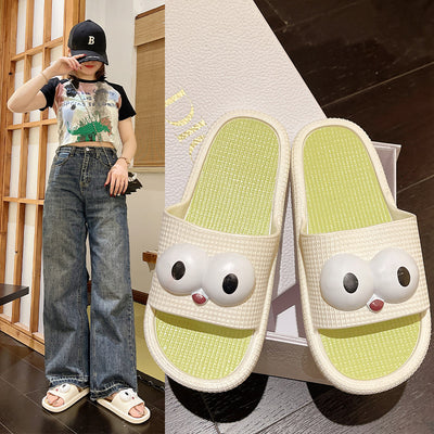 2024new arrival women's slippers with shit feeling, popular ins home cartoon big-eyed bird thick-soled grids one-line slippers for women