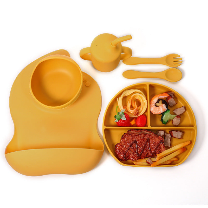 Baby silicone tableware 6-piece set Children's silicone bowl Suction cup Plate Water cup Wooden handle Fork spoon Wholesale Spot tableware