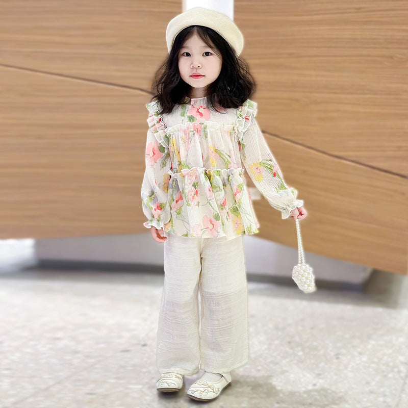 Girls' chiffon outfit set - autumn  collection: korean & japanese style floral print, long sleeve baby clothes wholesale