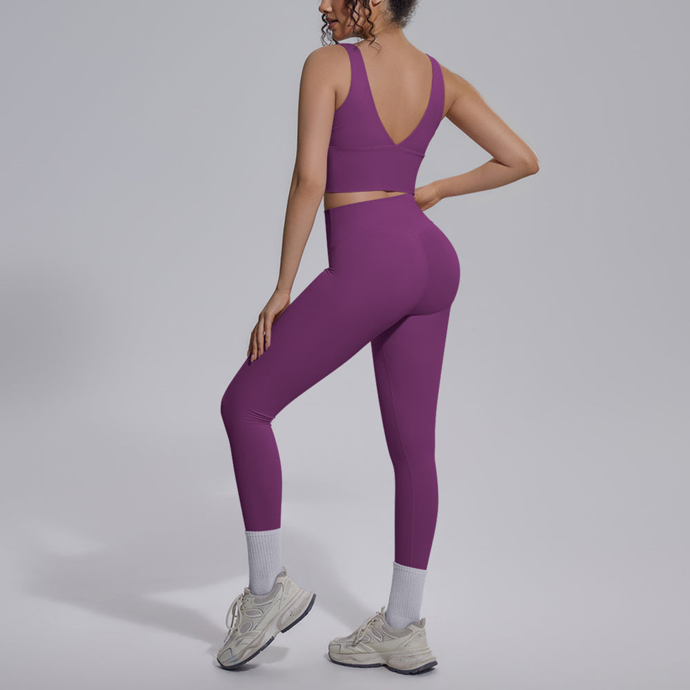 pure color double-sided brocade v-shaped beautiful back breathable tight-fitting yoga suit sports running fitness two-piece set for women