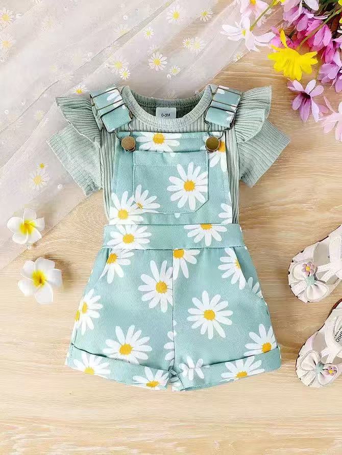 Amazon spring new girls' baby outfit set: solid color short-sleeve top with printed overalls two-piece set