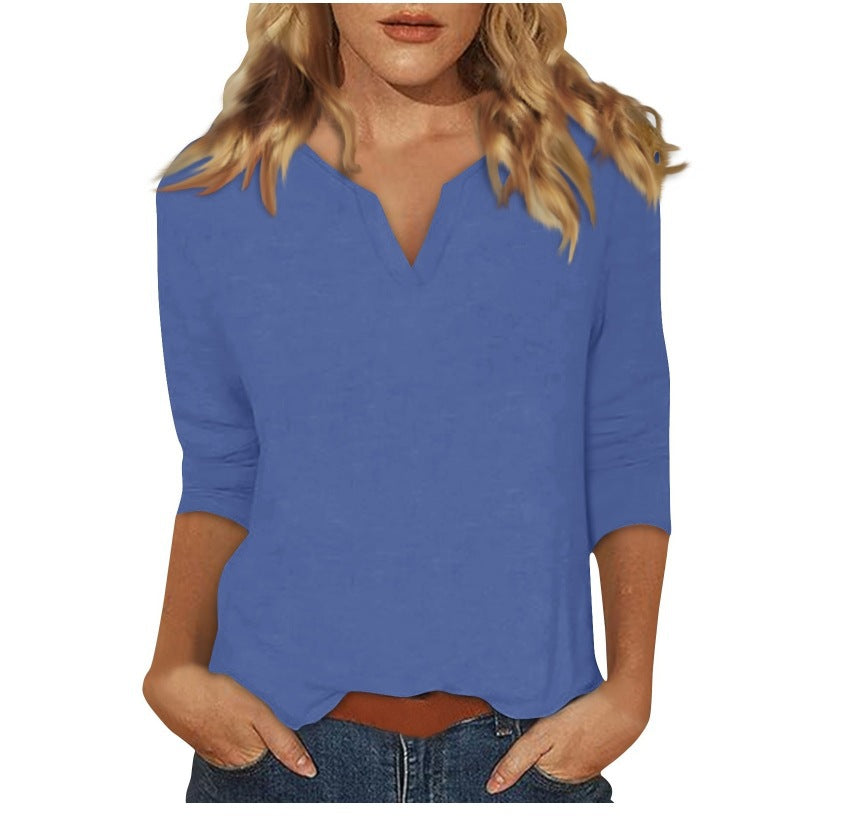 cross-border women's v-neck 3/4 sleeve solid color t-shirt top