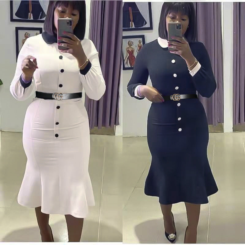 Kayaat cross-border african plus size women's clothing long sleeve slimming look high socialite doll collar dress with belt