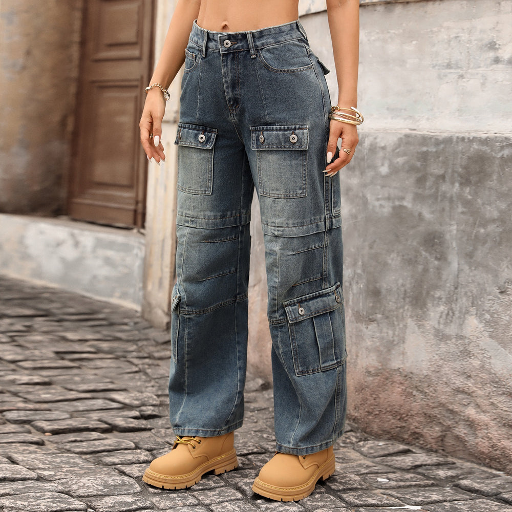 Fashion cross-border foreign trade  heavy industry multi-pocket washed high waist wide leg pants loosemop denim women's pants