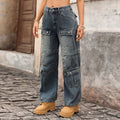 Fashion cross-border foreign trade  heavy industry multi-pocket washed high waist wide leg pants loosemop denim women's pants