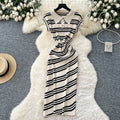 Korean chic summer new arrival: high-end retro polo collar sleeveless fitted bodycon knit dress with diagonal stripes