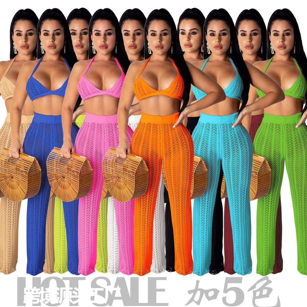 summer new european and american sexy women's fashion knitted mesh hollow-out see-through two-piece set - hot cross-border seller