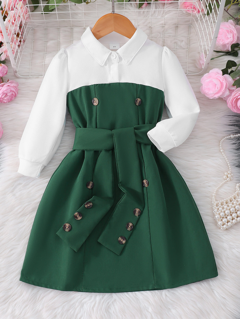 Girls' dress, button-down collar patchwork dress + belt