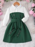 Girls' dress, button-down collar patchwork dress + belt