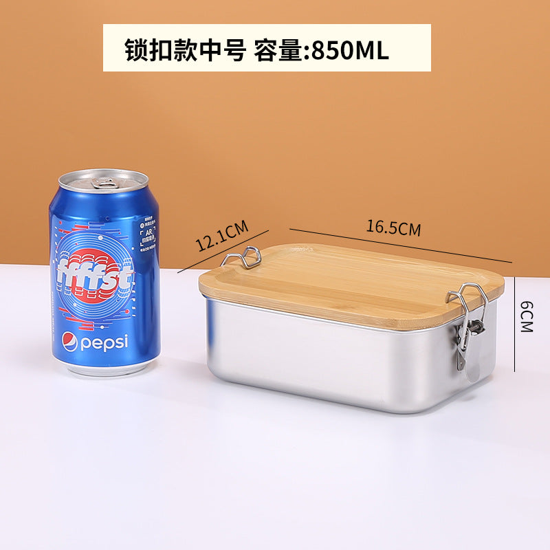 304 stainless steel Japanese fresh-keeping box with bamboo cover storage refrigerator storage rectangular wooden cover lunch box stainless steel box