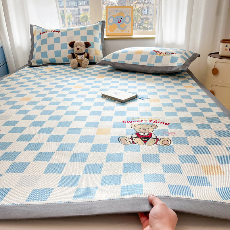 Summer ice rattan mat three-piece cartoon mattress foldable embroidered ice silk mat can sleep naked air conditioner soft mat