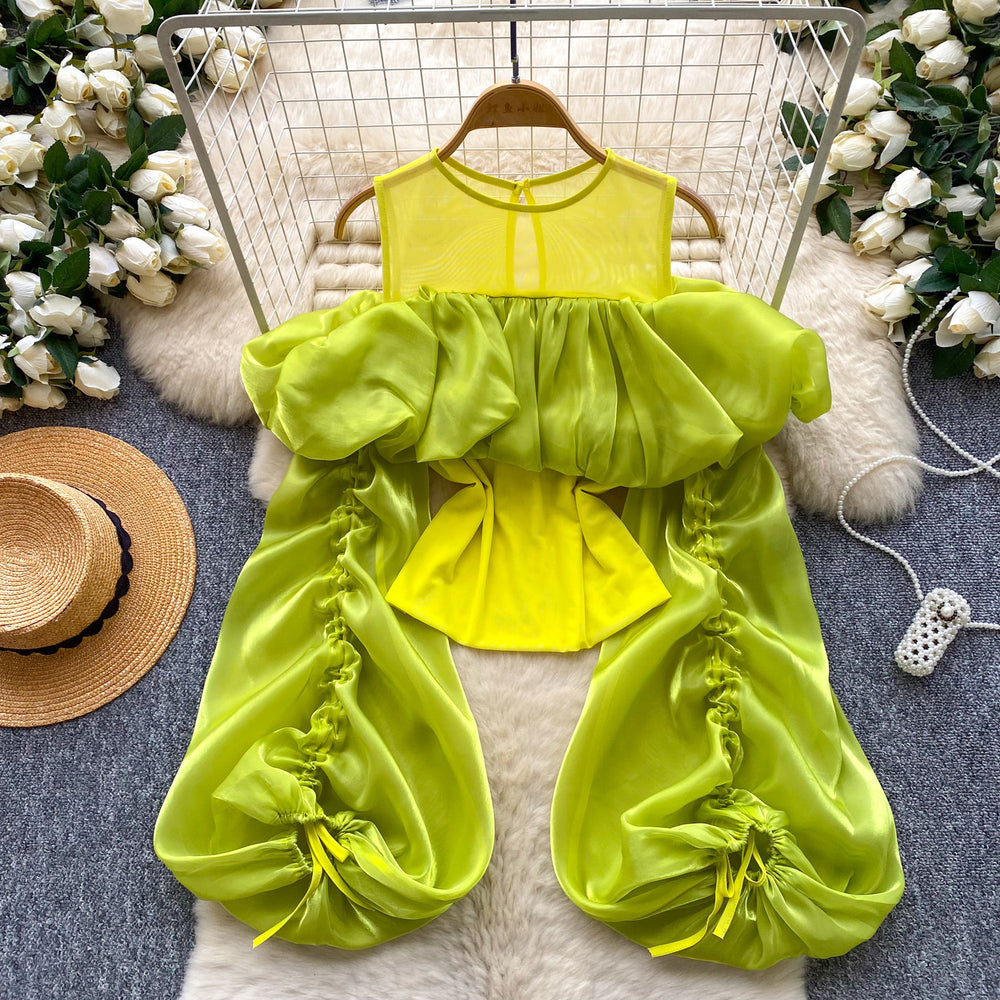 K-style off-shoulder satin gaoze puff sleeve shirt for women springsense of design pleatedtops to cover the flesheasiest for matchwork clothing