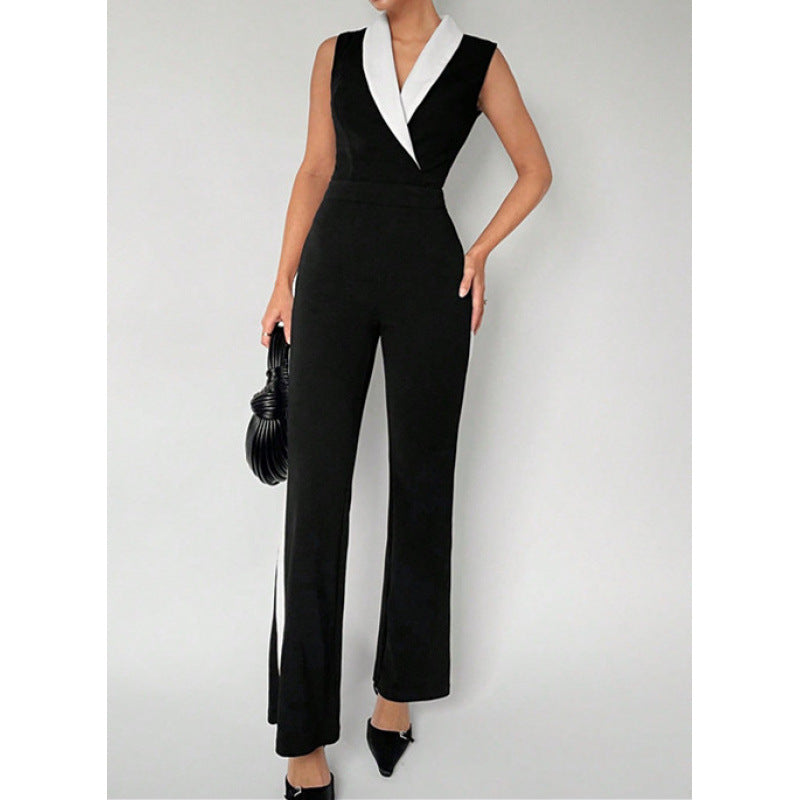 Women's sleeveless color block lapel bodysuit v-neck slim fit blazer style top for office and party occasions
