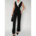 Women's sleeveless color block lapel bodysuit v-neck slim fit blazer style top for office and party occasions