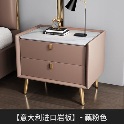 Modern minimalist bedroom nightstand - microfiber leather, sintered stone top, solid wood frame, new design with drawer storage, smart enabled