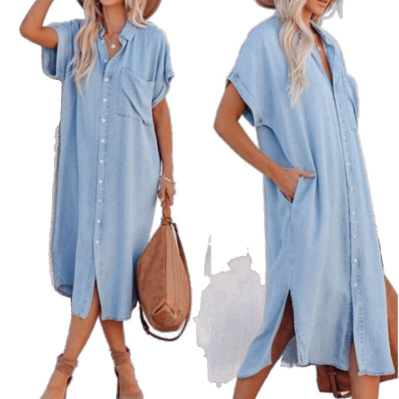 Aliexpress new arrival: european and american fashion solid color denim short-sleeve long slit shirt dress