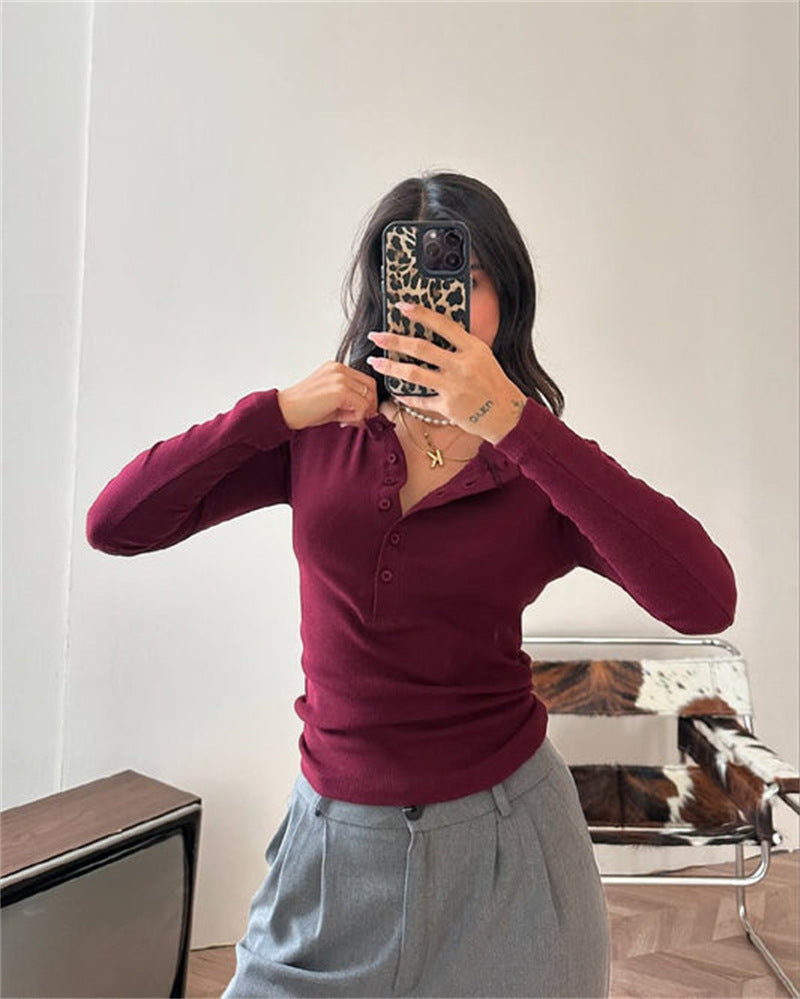 simple half-open neck button long-sleeved T-shirt women's clothing inside slim fit and thin clothes