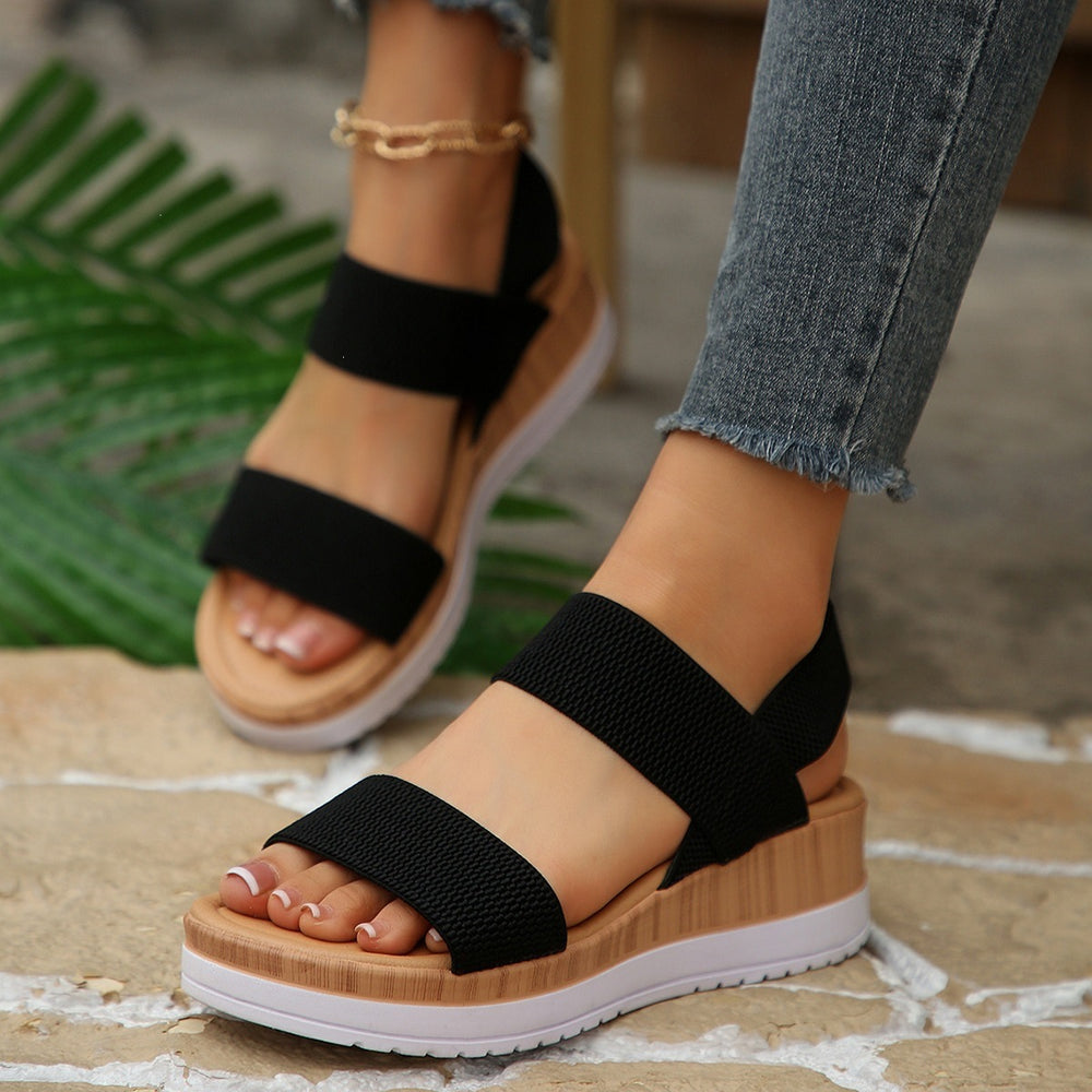 Wholesale women's plus size platform wedge heel sandals with open back and flyknit upper - summer  beachwear